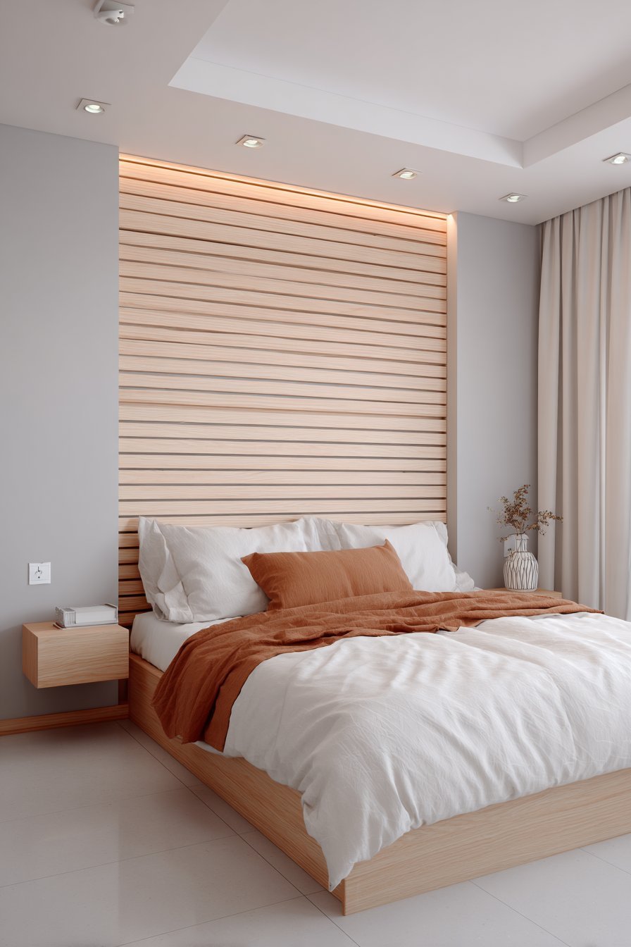 Light oak horizontal slat headboard wall with LED grooves, terracotta pillow and floating oak nightstand