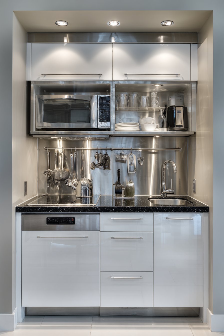 Magnetic knife strip on a stainless steel backsplash with white high-gloss cabinets and black granite
