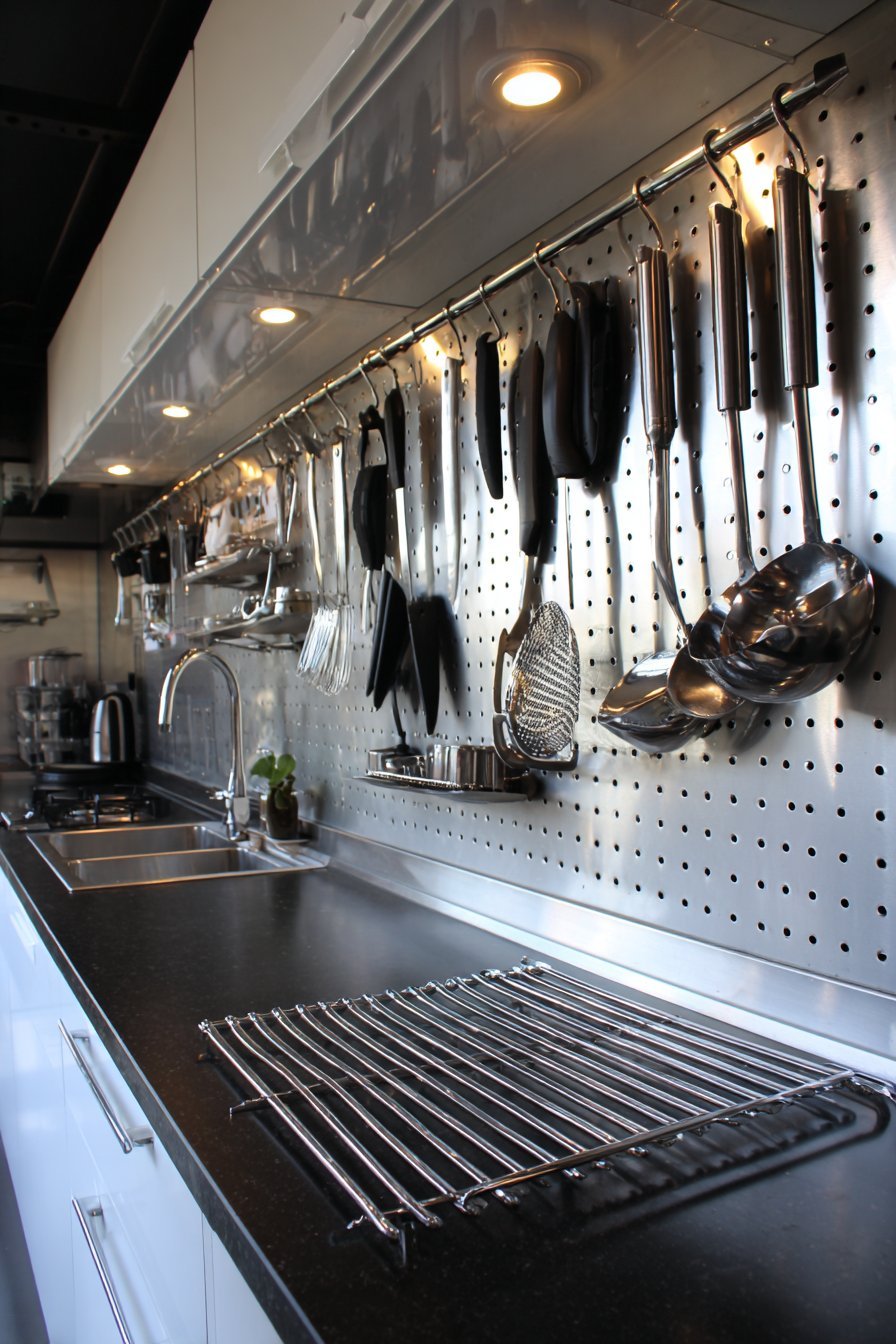 Magnetic knife strip on a stainless steel backsplash with white high-gloss cabinets and black granite