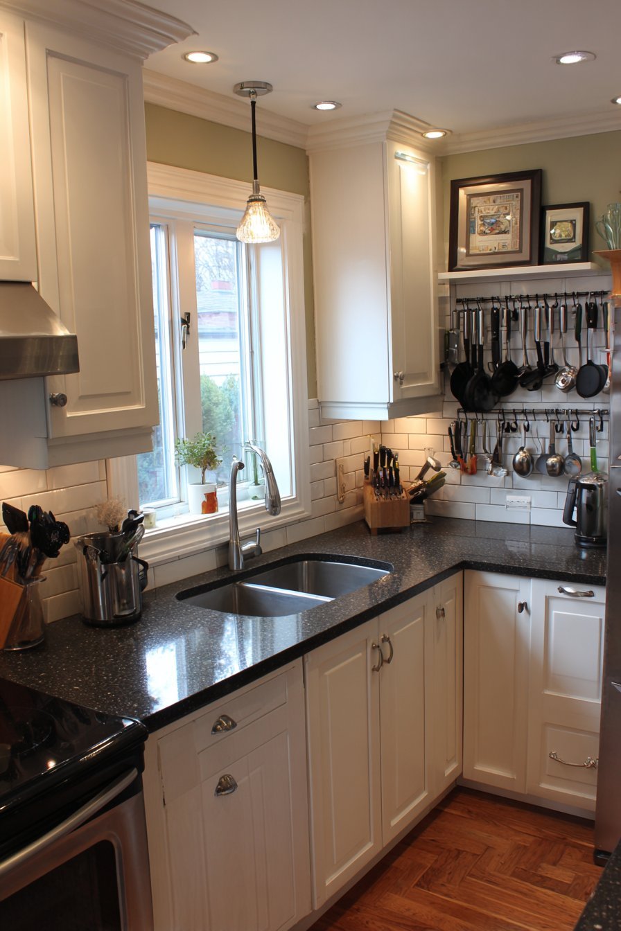Magnetic knife strip on a stainless steel backsplash with white high-gloss cabinets and black granite