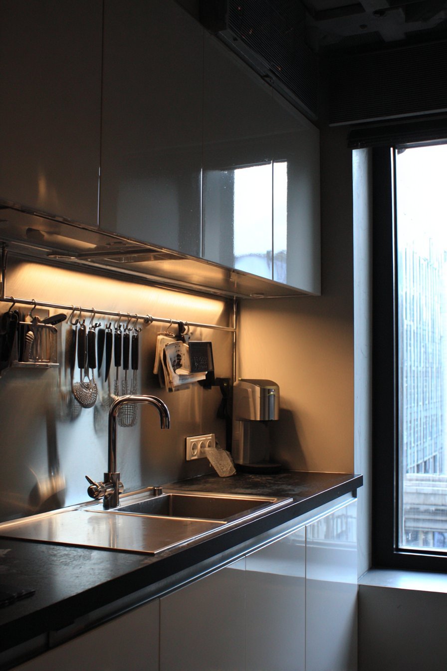 Magnetic knife strip on a stainless steel backsplash with white high-gloss cabinets and black granite