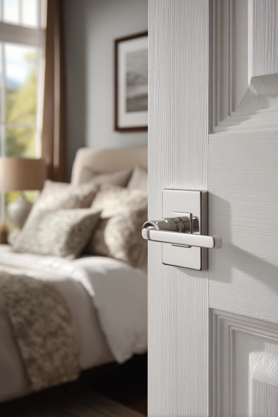 Greige single-panel bedroom door with nickel lever handle and craftsman-style white trim