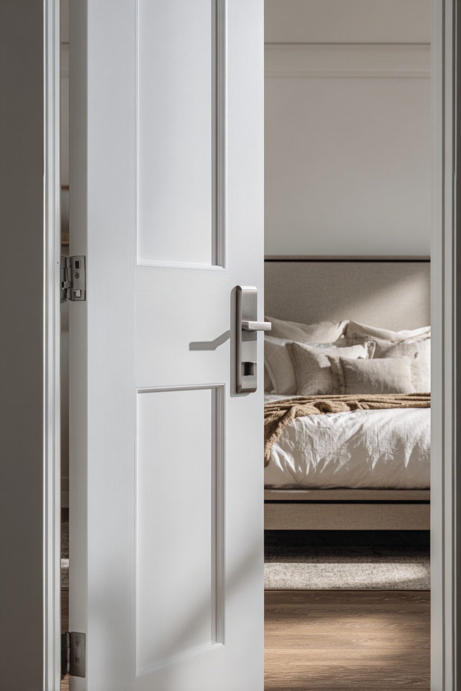 Greige single-panel bedroom door with nickel lever handle and craftsman-style white trim