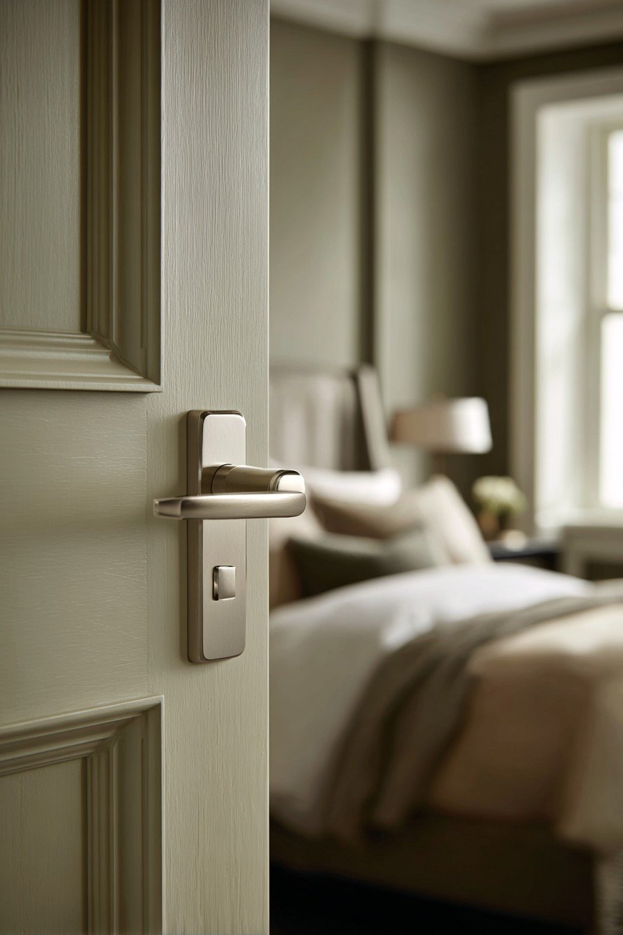 Greige single-panel bedroom door with nickel lever handle and craftsman-style white trim