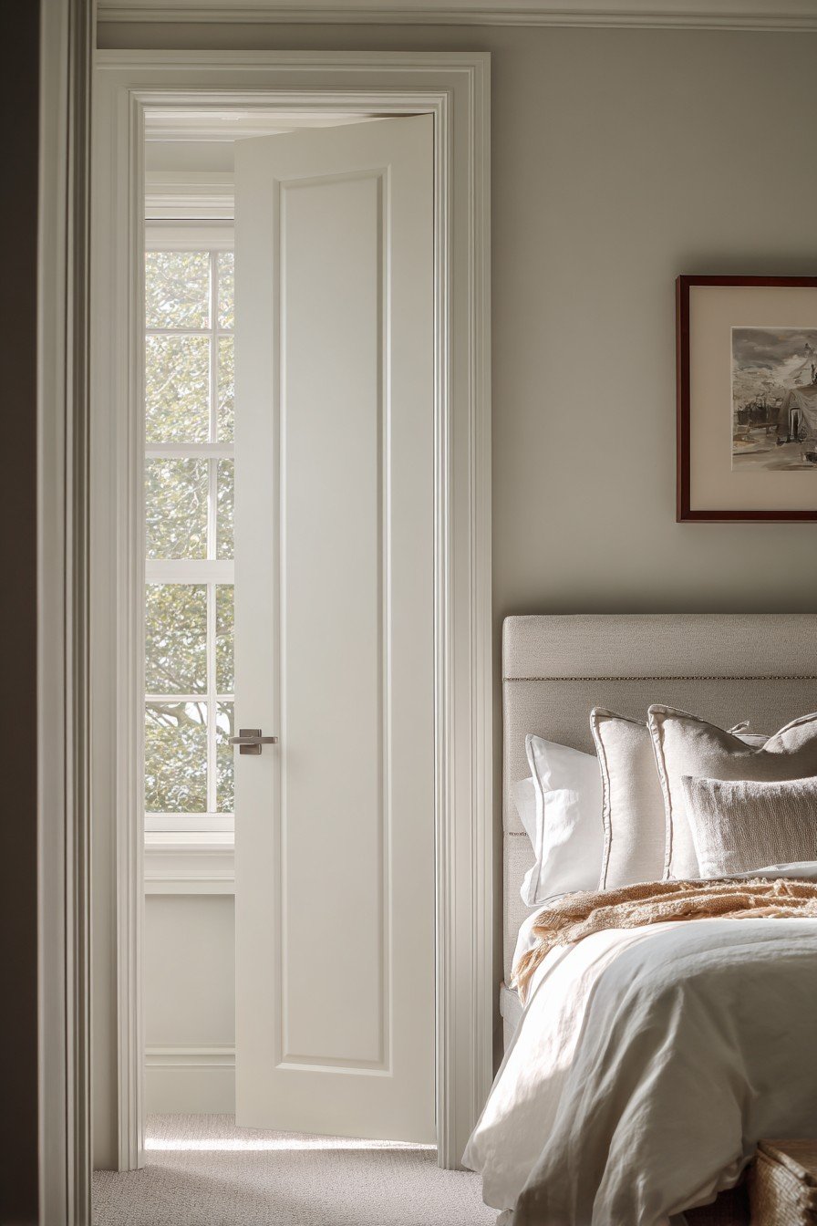 Greige single-panel bedroom door with nickel lever handle and craftsman-style white trim
