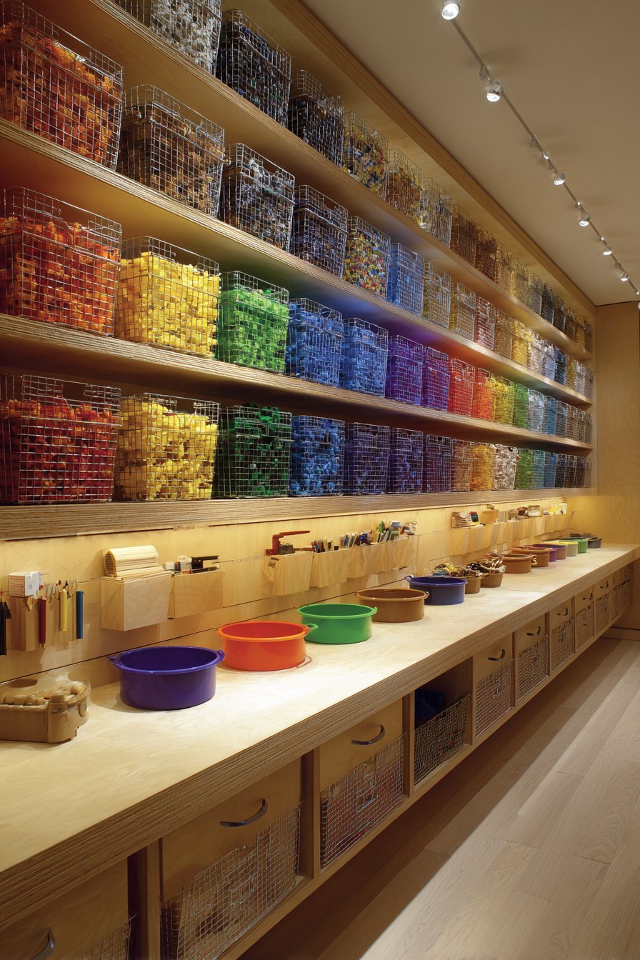 Basement peg wall with wire baskets, clear boxes and small buckets above a floating counter with cabinets
