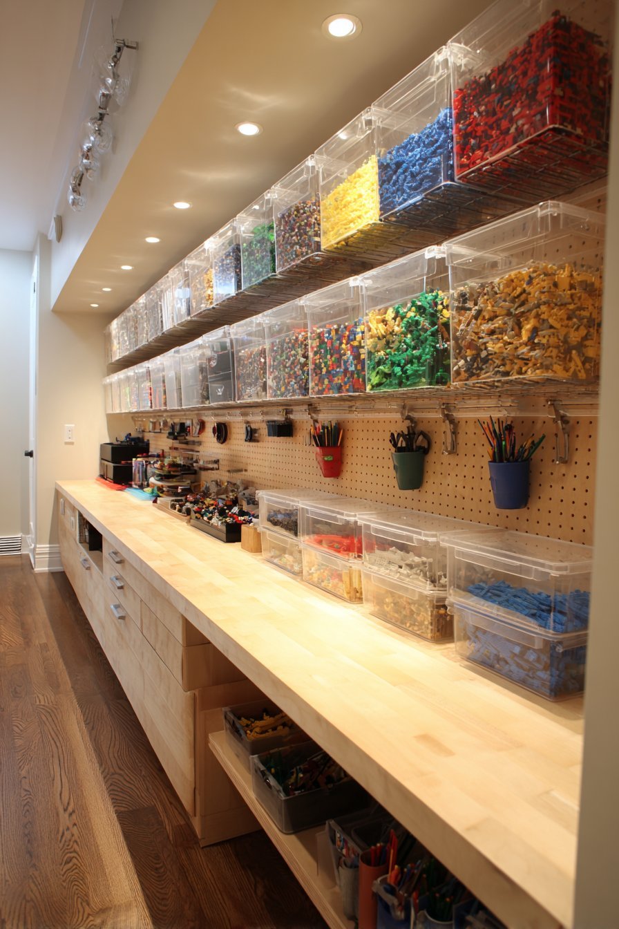 Basement peg wall with wire baskets, clear boxes and small buckets above a floating counter with cabinets