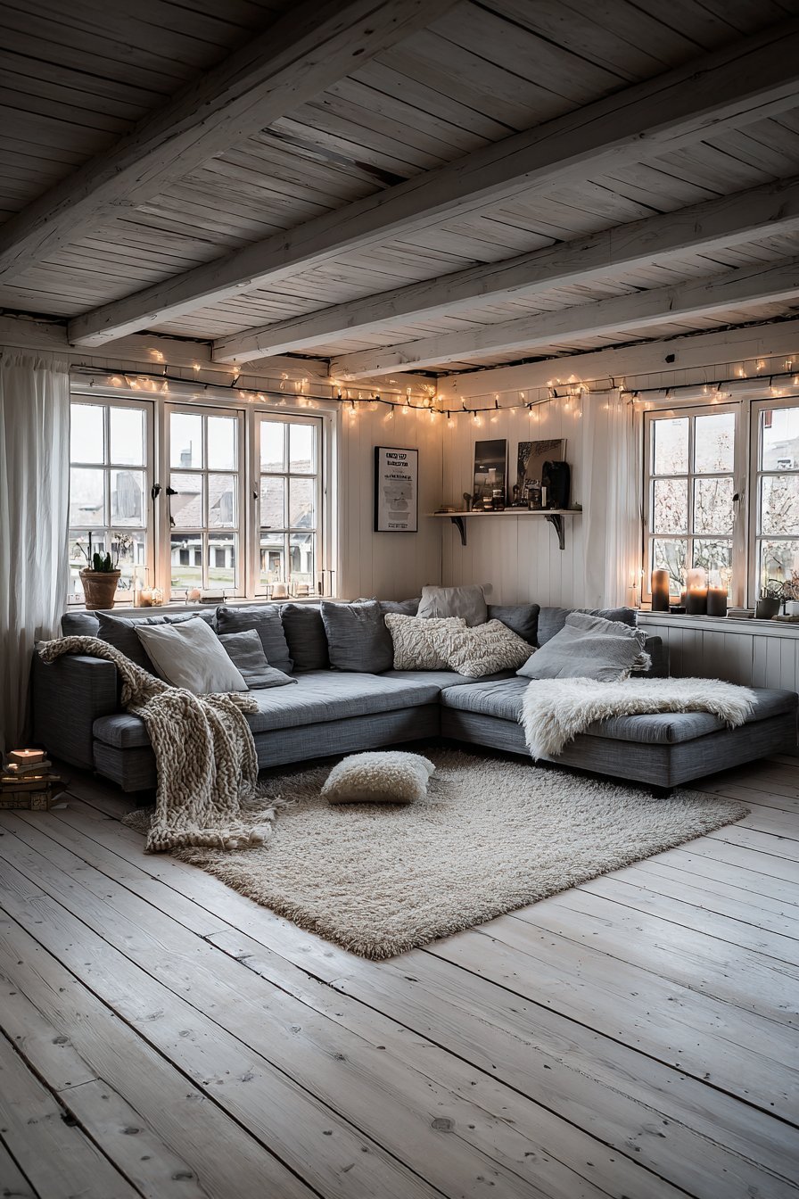 Hygge living room with Nordic forest prints in ash frames, chunky knit throws and whitewashed pine floors