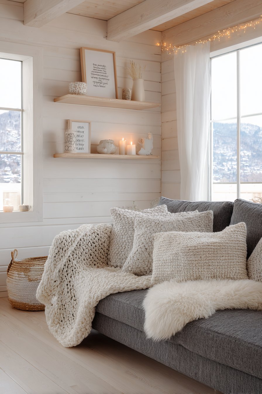 Hygge living room with Nordic forest prints in ash frames, chunky knit throws and whitewashed pine floors