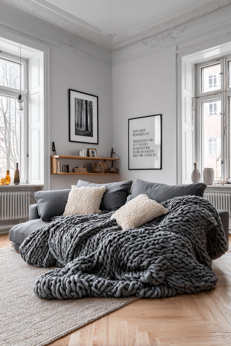 Hygge living room with Nordic forest prints in ash frames, chunky knit throws and whitewashed pine floors