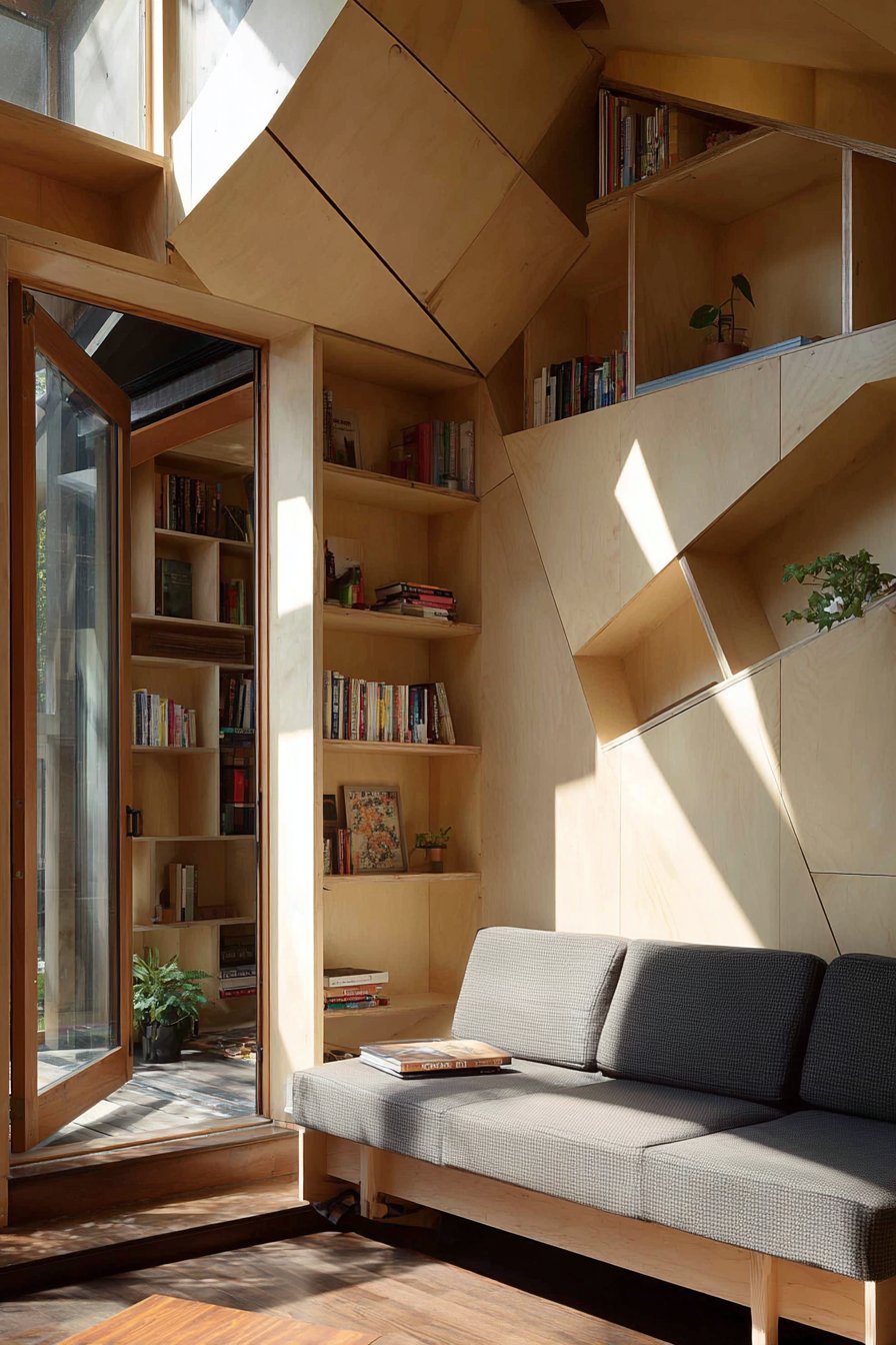 Light birch corner shelves with metal brackets holding books and plants in a small living room