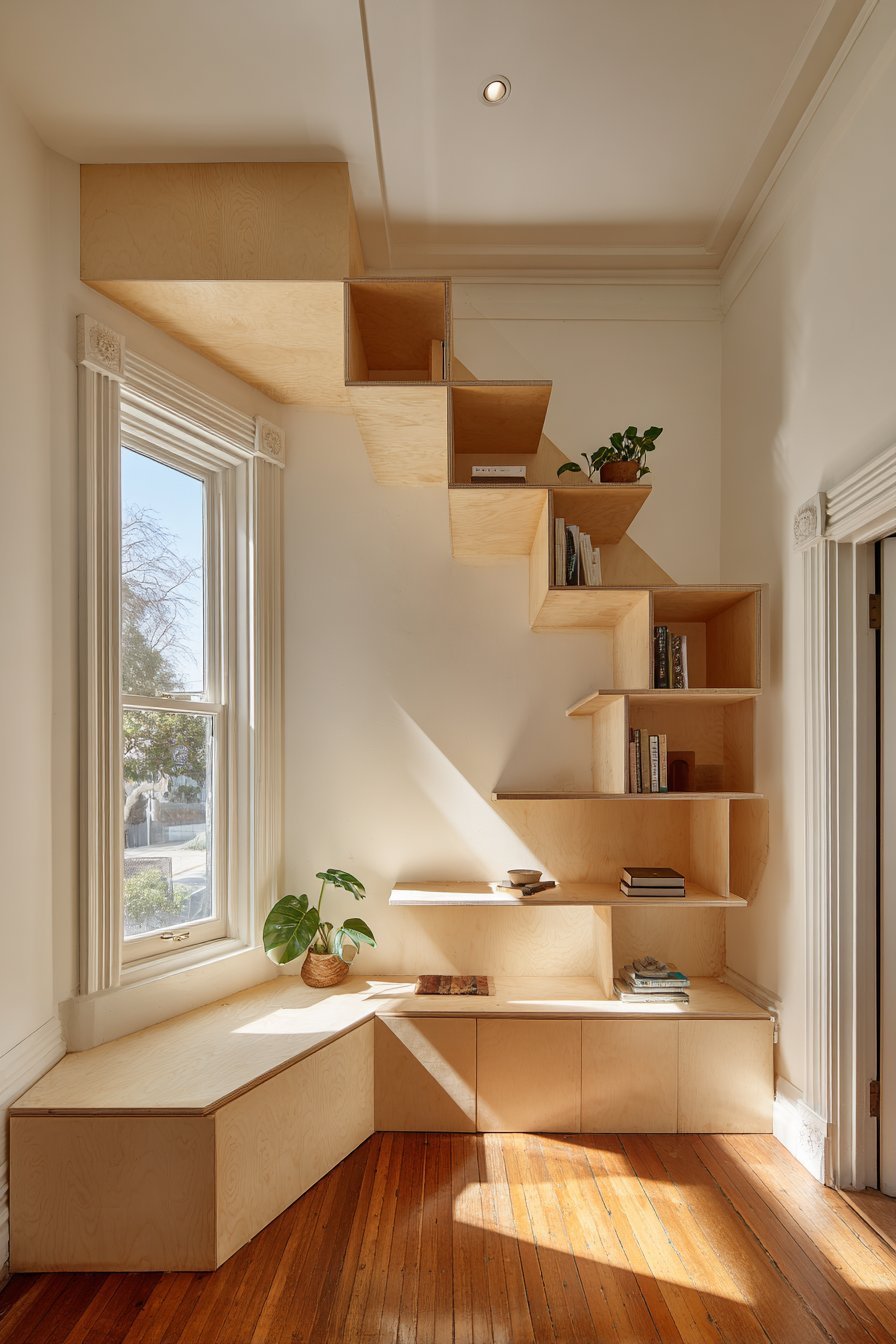Light birch corner shelves with metal brackets holding books and plants in a small living room