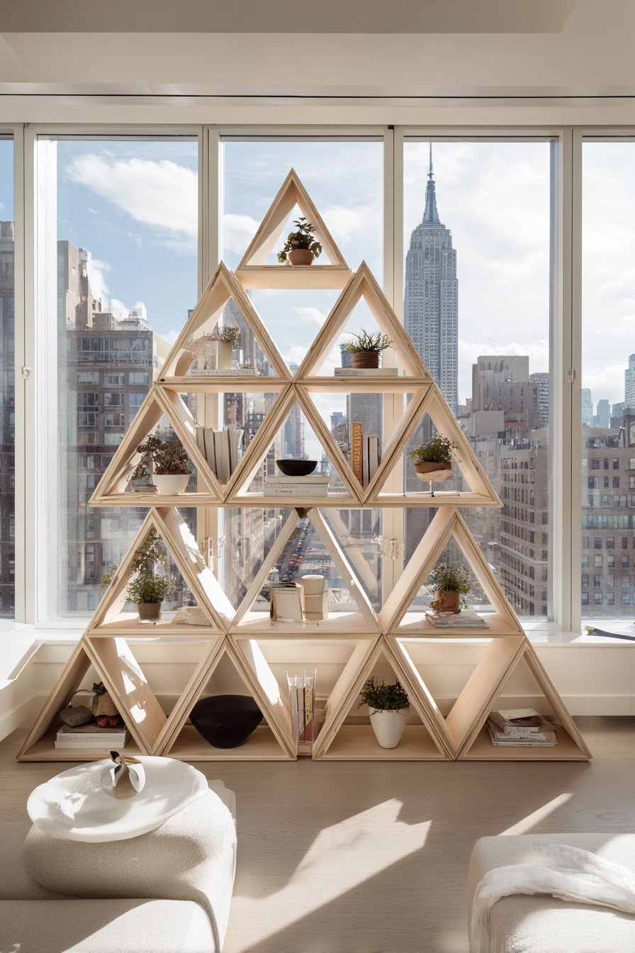 Light birch corner shelves with metal brackets holding books and plants in a small living room