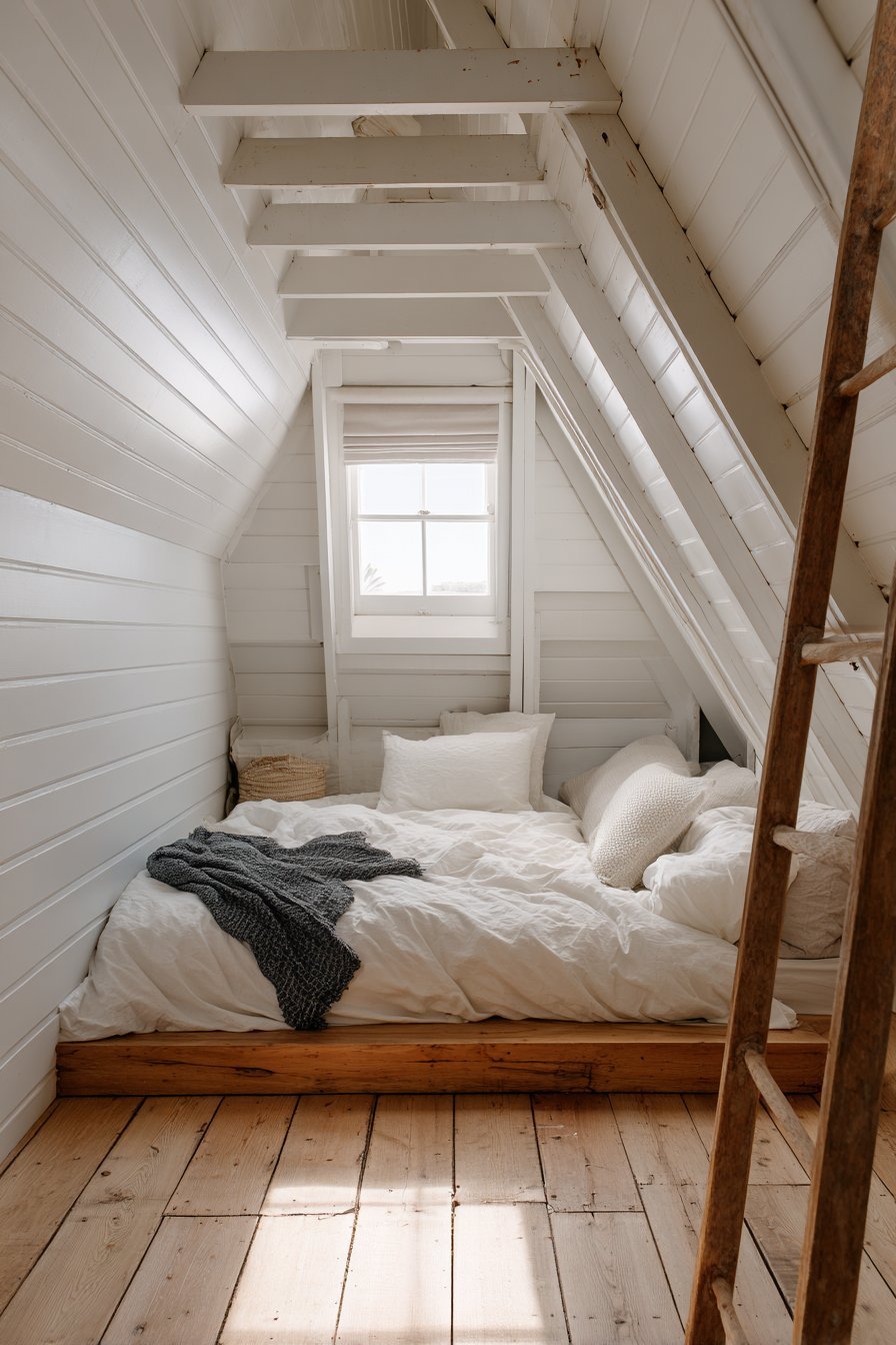 Attic bedroom with white beams, low platform bed under sloped ceiling, dormer window and wooden ladder valet