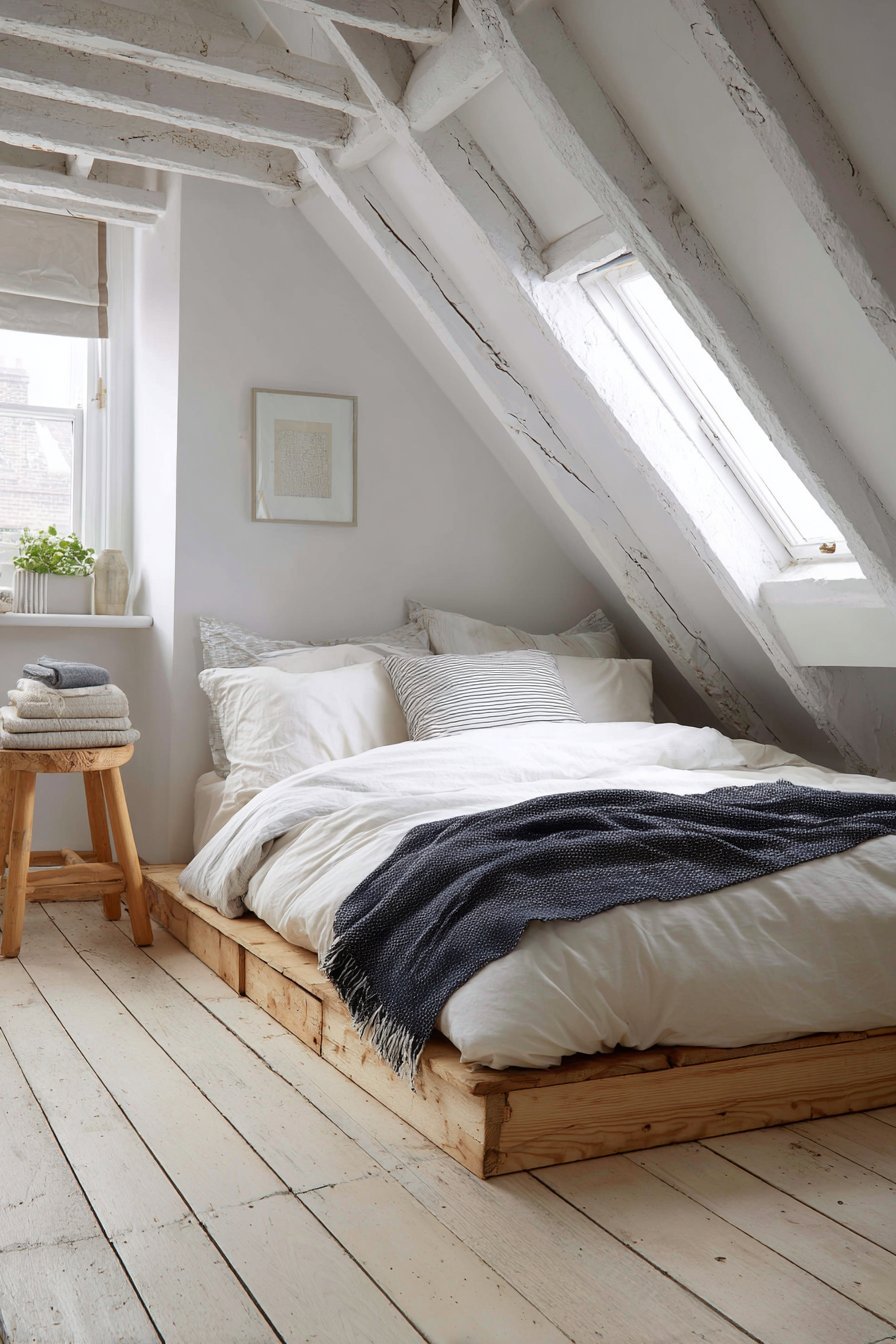 Attic bedroom with white beams, low platform bed under sloped ceiling, dormer window and wooden ladder valet