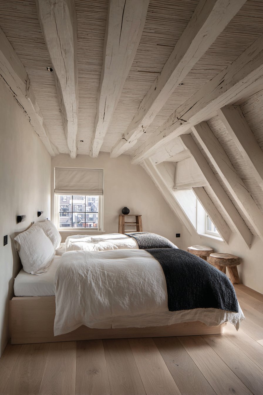 Attic bedroom with white beams, low platform bed under sloped ceiling, dormer window and wooden ladder valet