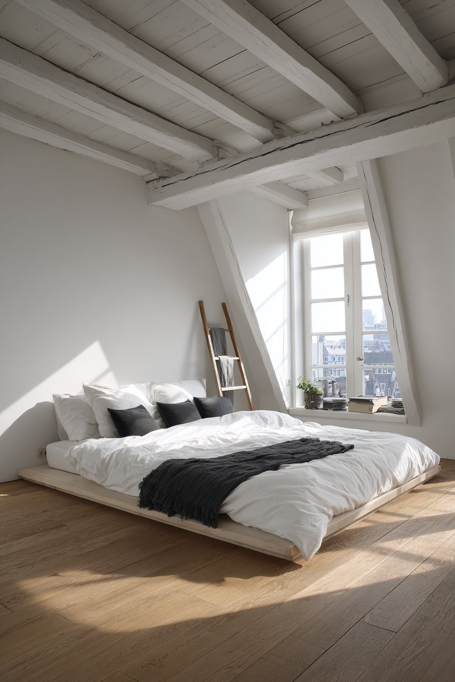 Attic bedroom with white beams, low platform bed under sloped ceiling, dormer window and wooden ladder valet