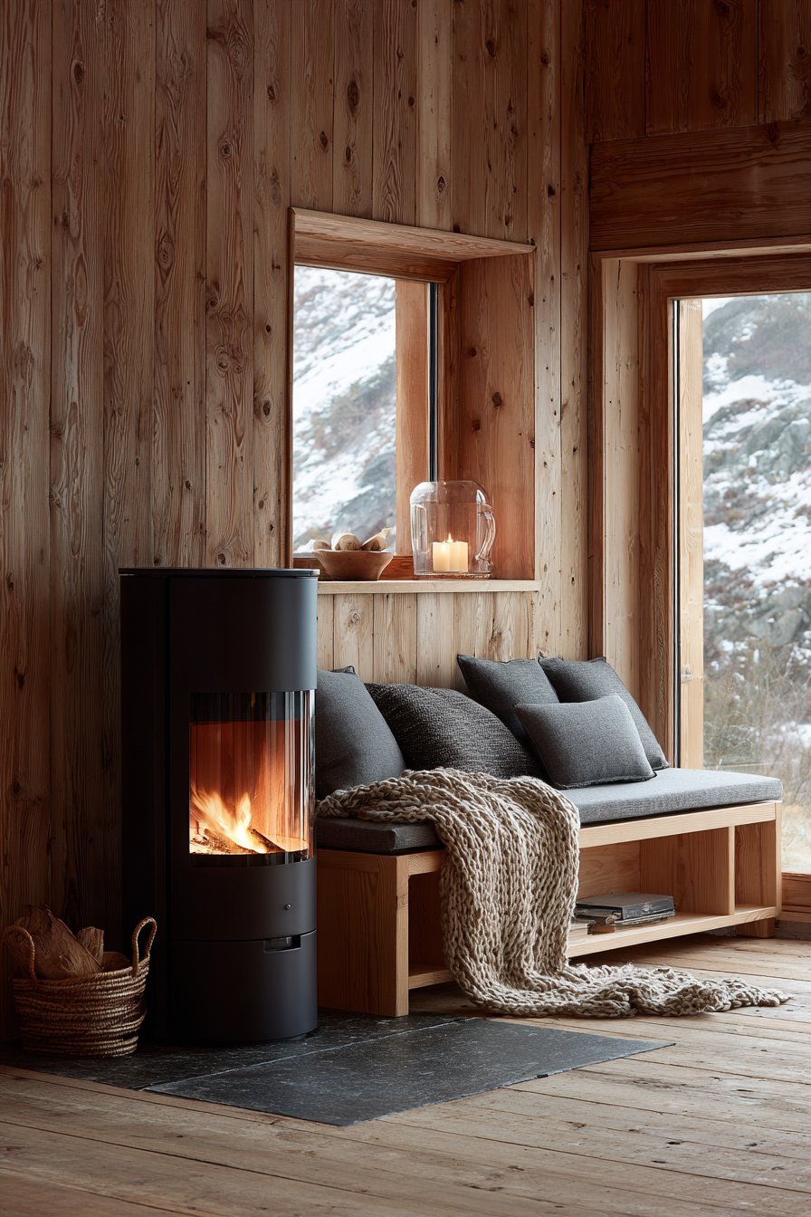 Cylindrical black wood stove on slate base with pine bench, wool cushions and white-washed plank walls