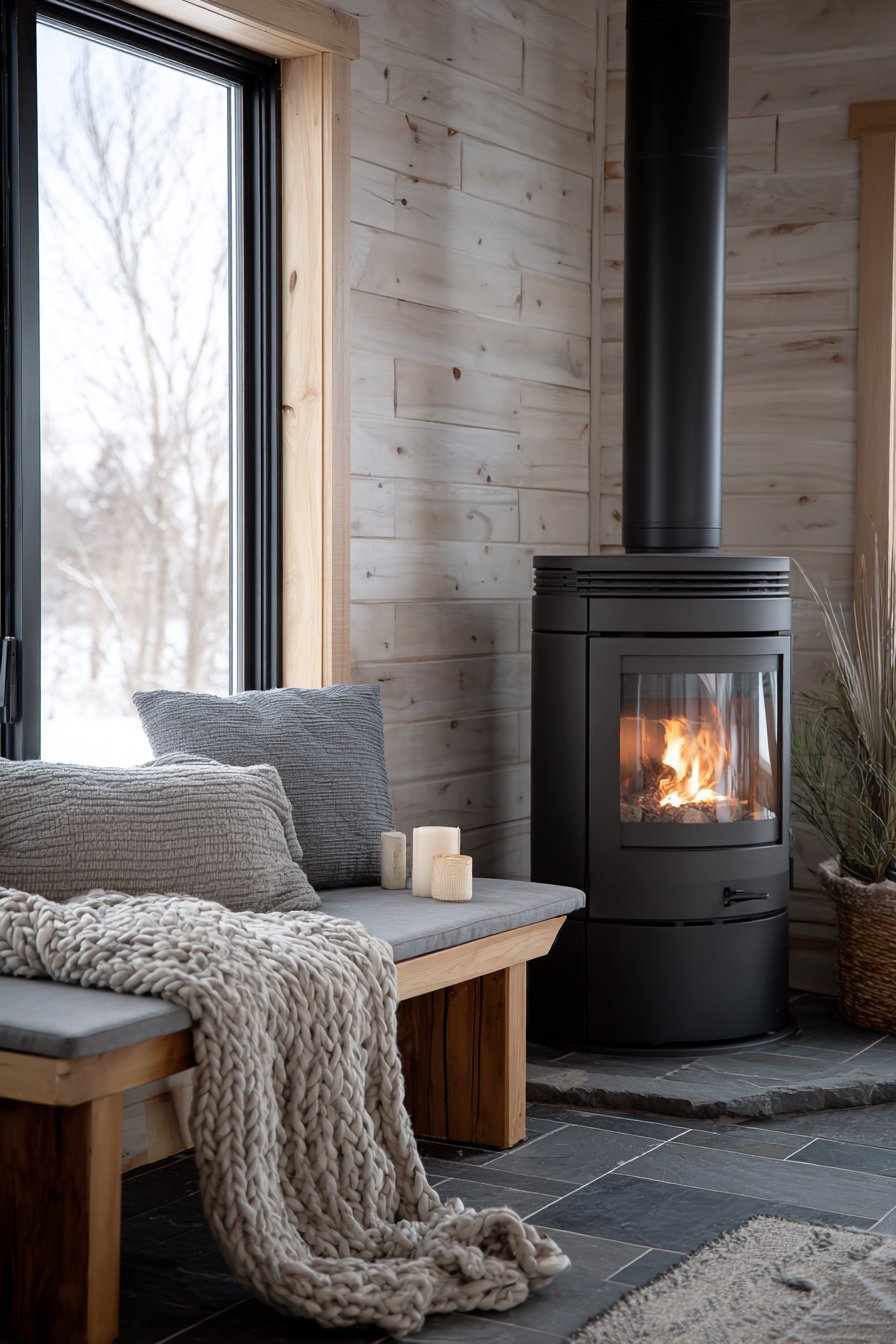 Cylindrical black wood stove on slate base with pine bench, wool cushions and white-washed plank walls