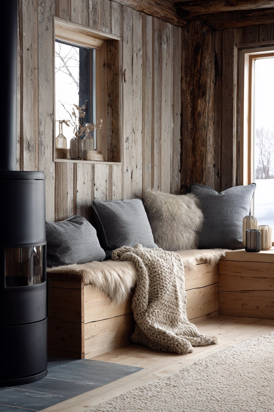 Cylindrical black wood stove on slate base with pine bench, wool cushions and white-washed plank walls