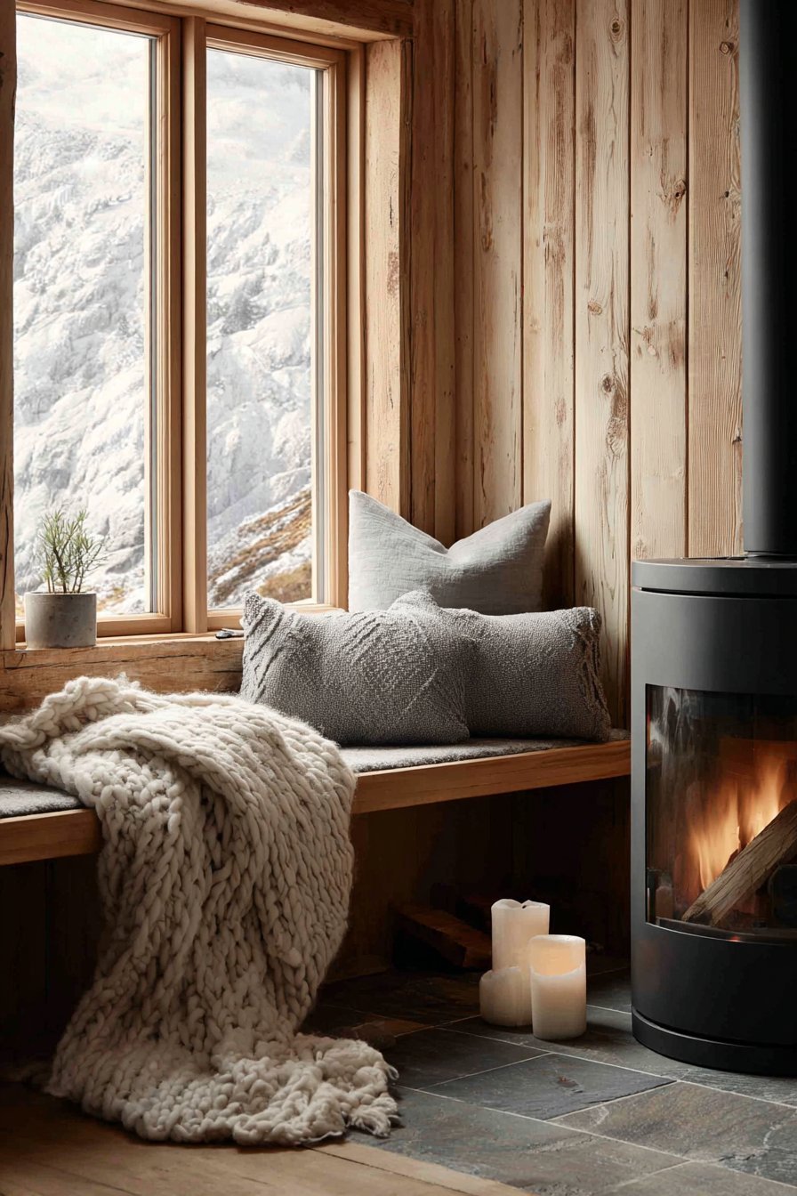 Cylindrical black wood stove on slate base with pine bench, wool cushions and white-washed plank walls