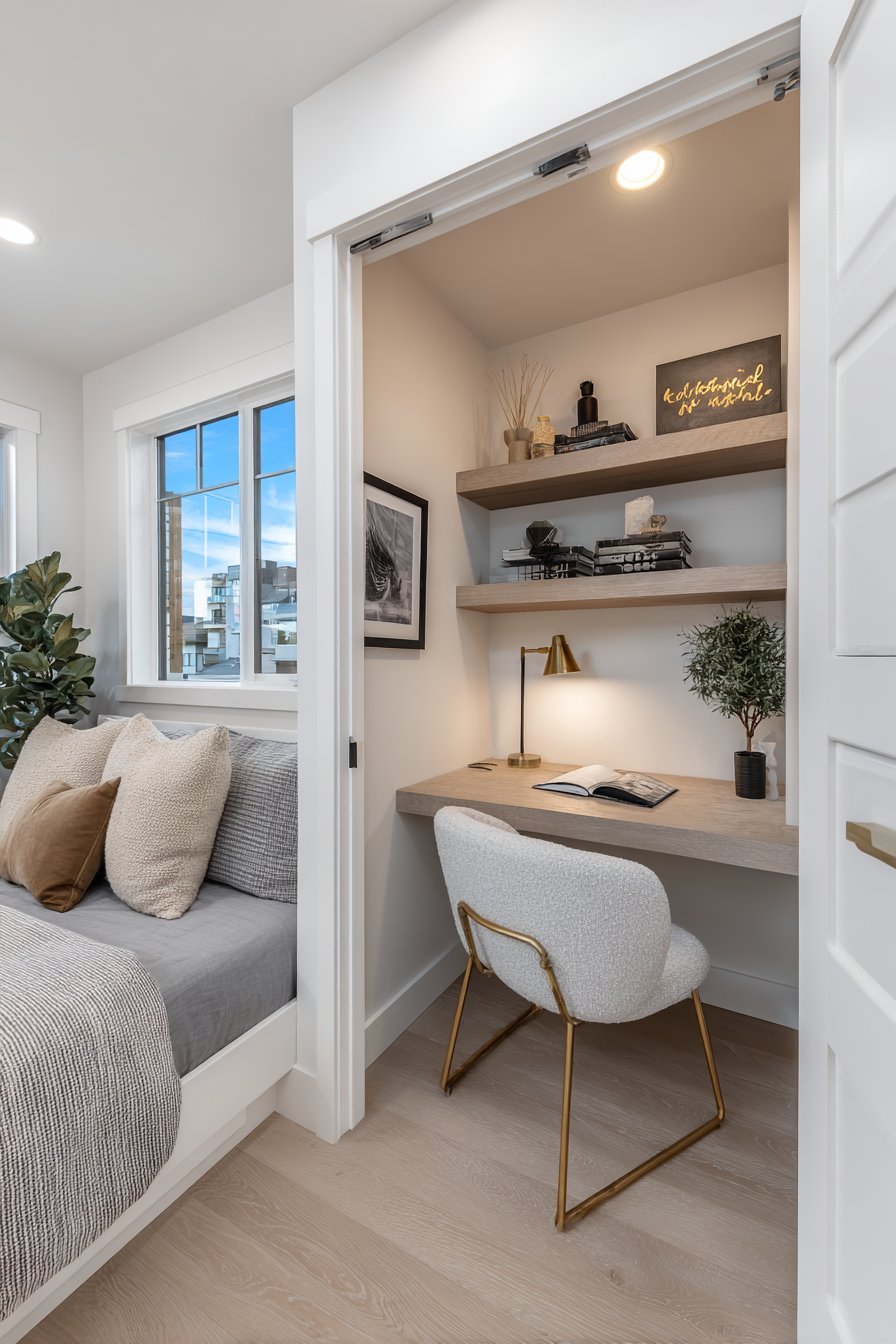 Compact desk nook built into a former closet with brass metal bed and floating shelves above