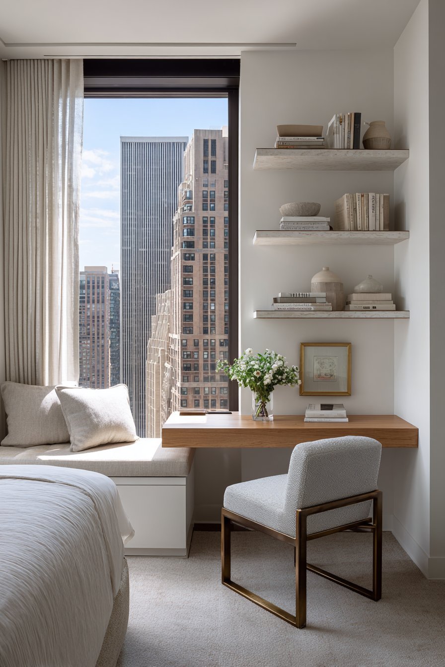 Compact desk nook built into a former closet with brass metal bed and floating shelves above