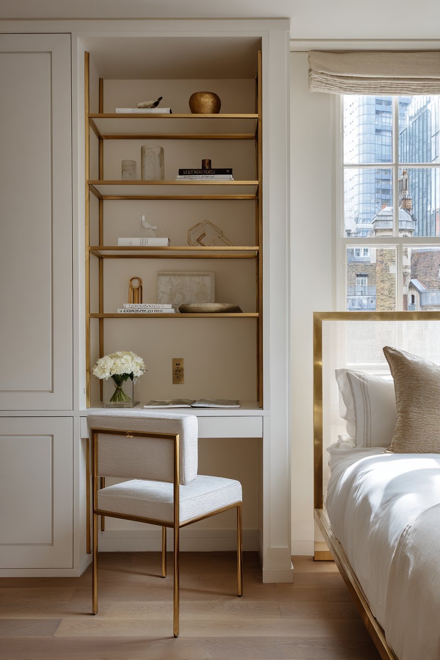 Compact desk nook built into a former closet with brass metal bed and floating shelves above
