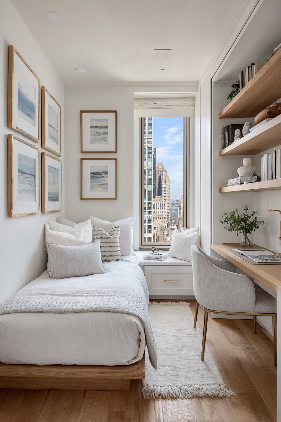 Compact desk nook built into a former closet with brass metal bed and floating shelves above