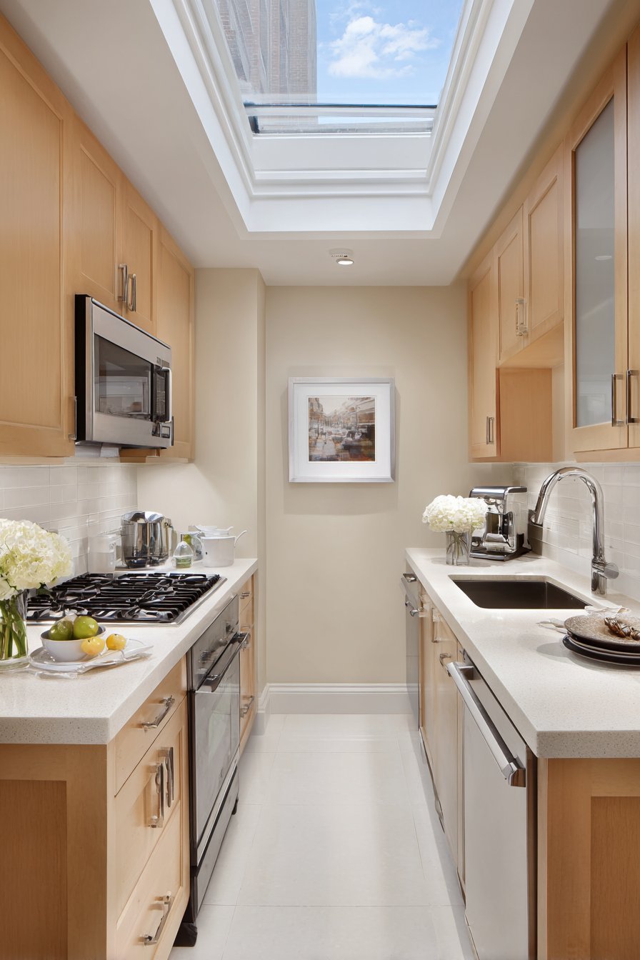 U-shaped kitchen with beige quartz counters, natural oak cabinets and a skylight overhead