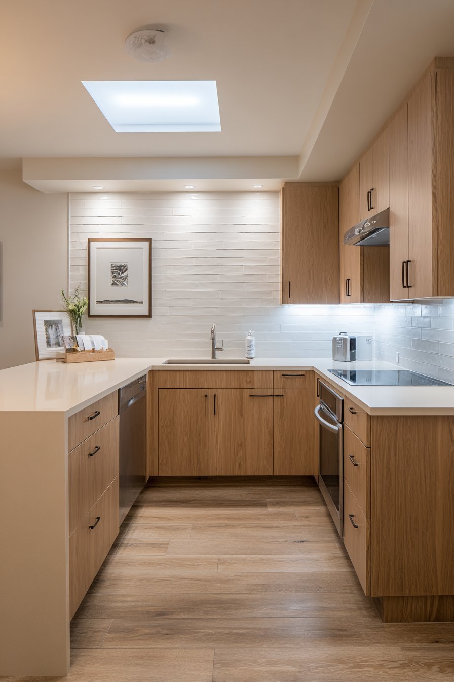 U-shaped kitchen with beige quartz counters, natural oak cabinets and a skylight overhead