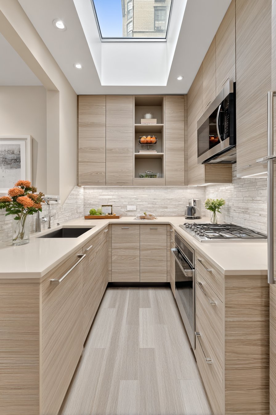U-shaped kitchen with beige quartz counters, natural oak cabinets and a skylight overhead