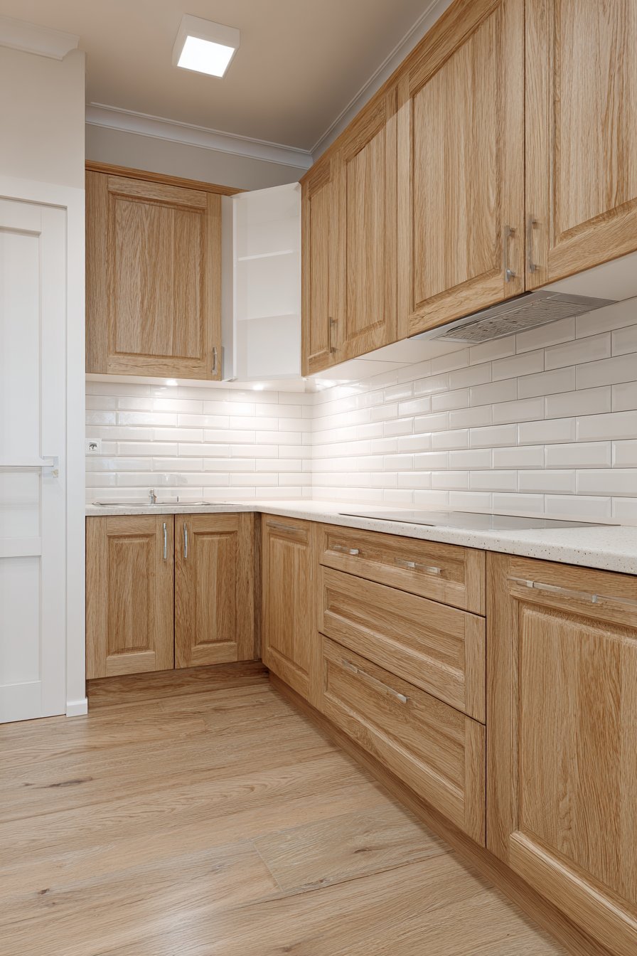 U-shaped kitchen with beige quartz counters, natural oak cabinets and a skylight overhead