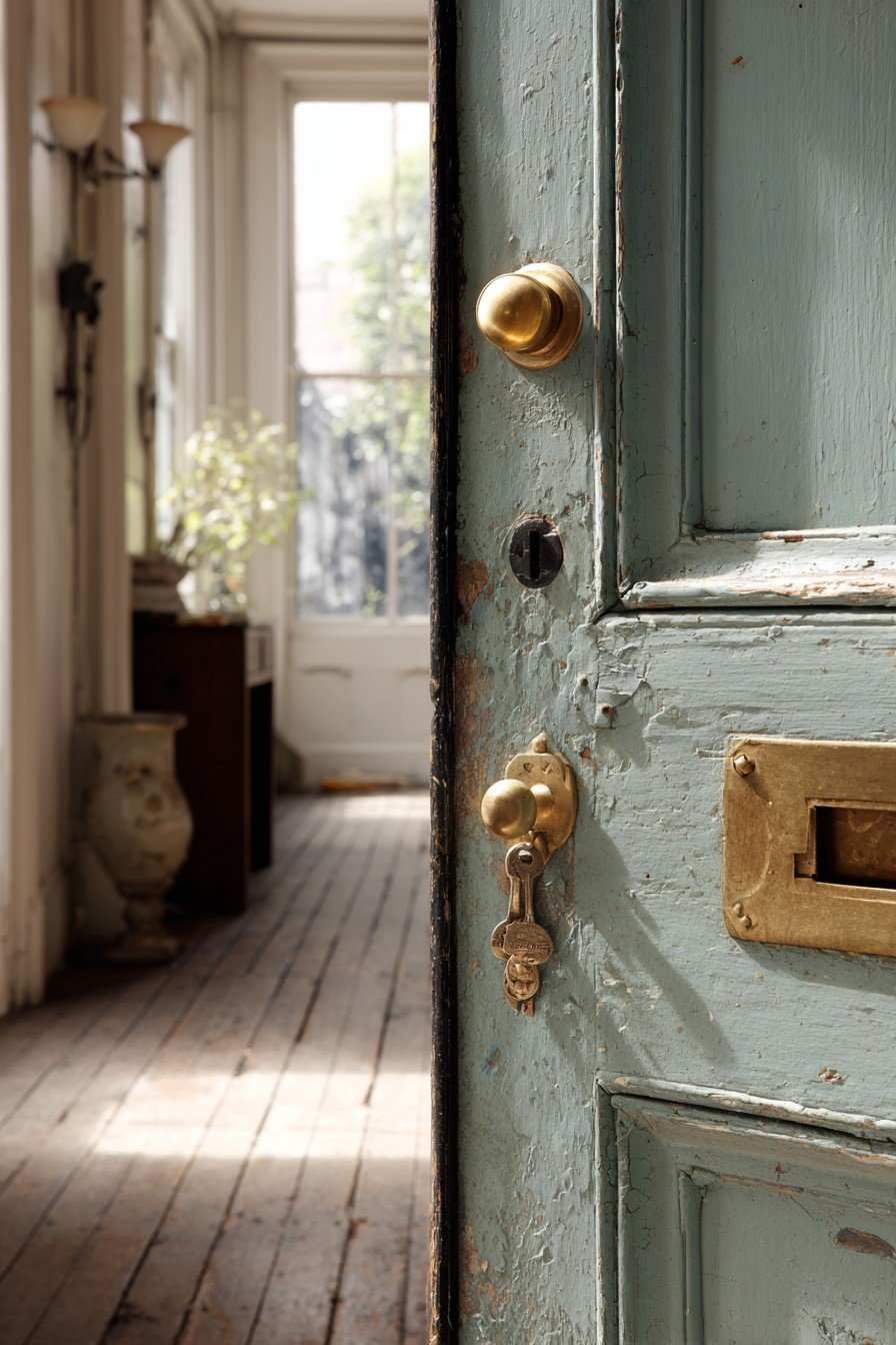 Salvaged teal bedroom door with brass mail slot, porcelain knob, skeleton key lock and worn wood floors