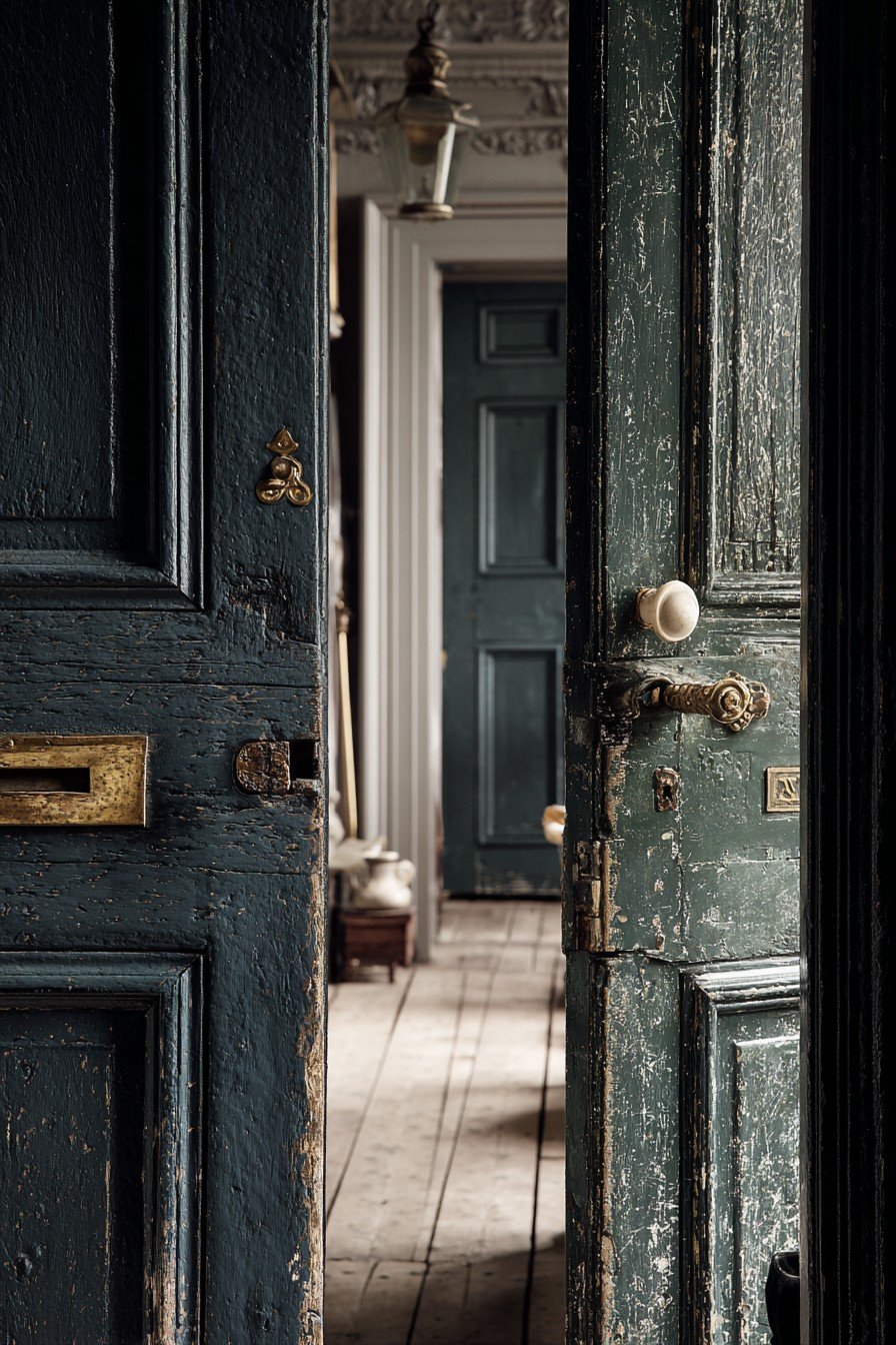 Salvaged teal bedroom door with brass mail slot, porcelain knob, skeleton key lock and worn wood floors