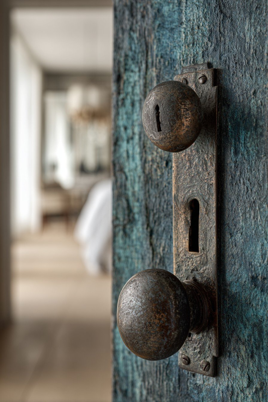 Salvaged teal bedroom door with brass mail slot, porcelain knob, skeleton key lock and worn wood floors