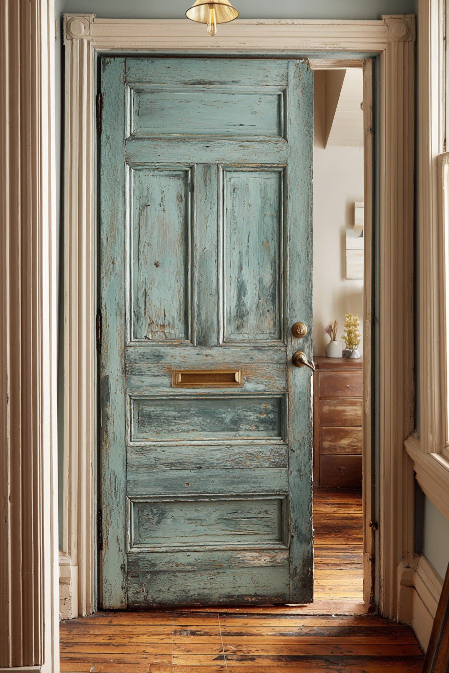 Salvaged teal bedroom door with brass mail slot, porcelain knob, skeleton key lock and worn wood floors
