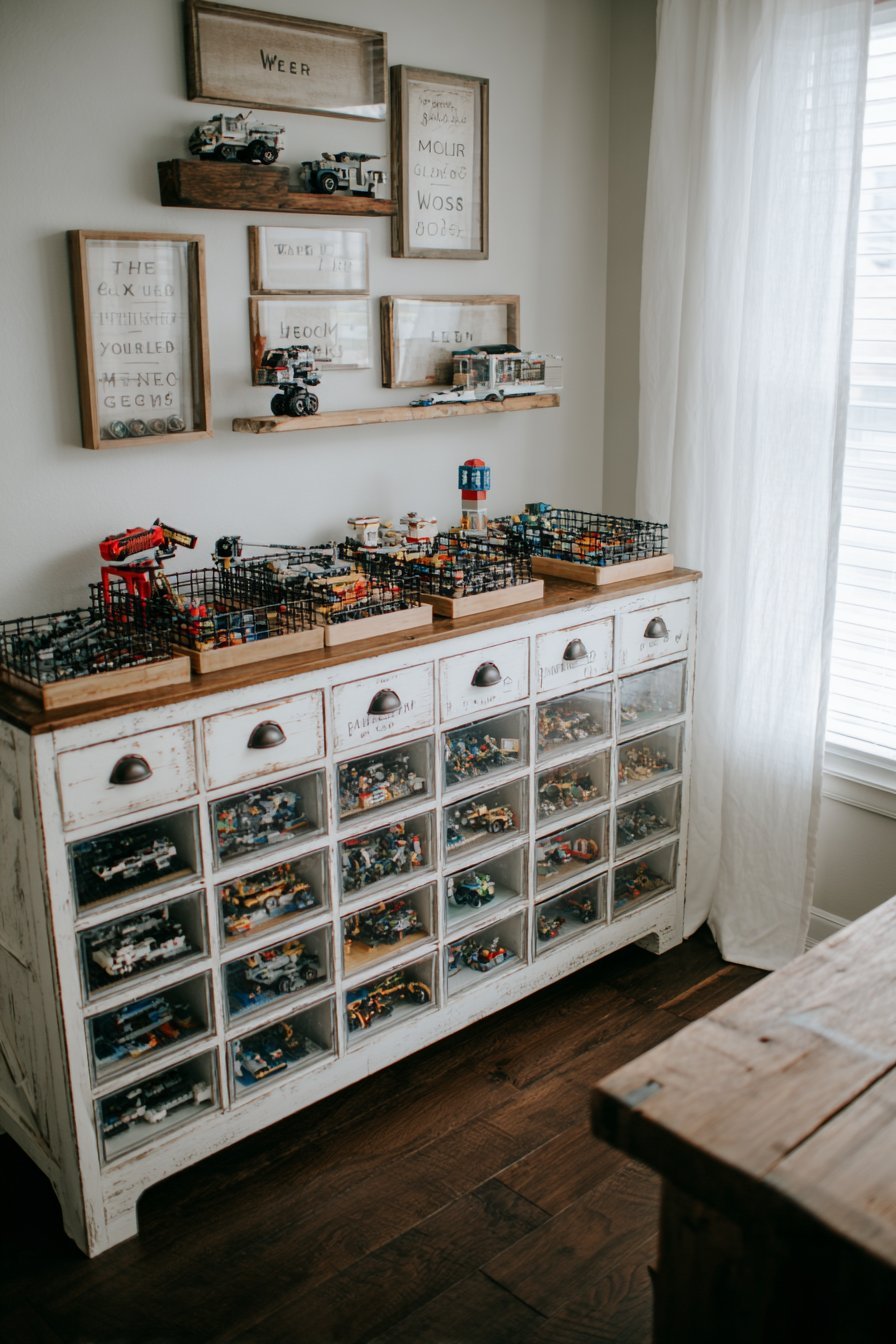 Antique white apothecary cabinet with 24 glass-knob drawers, handwritten Lego labels and builds on top