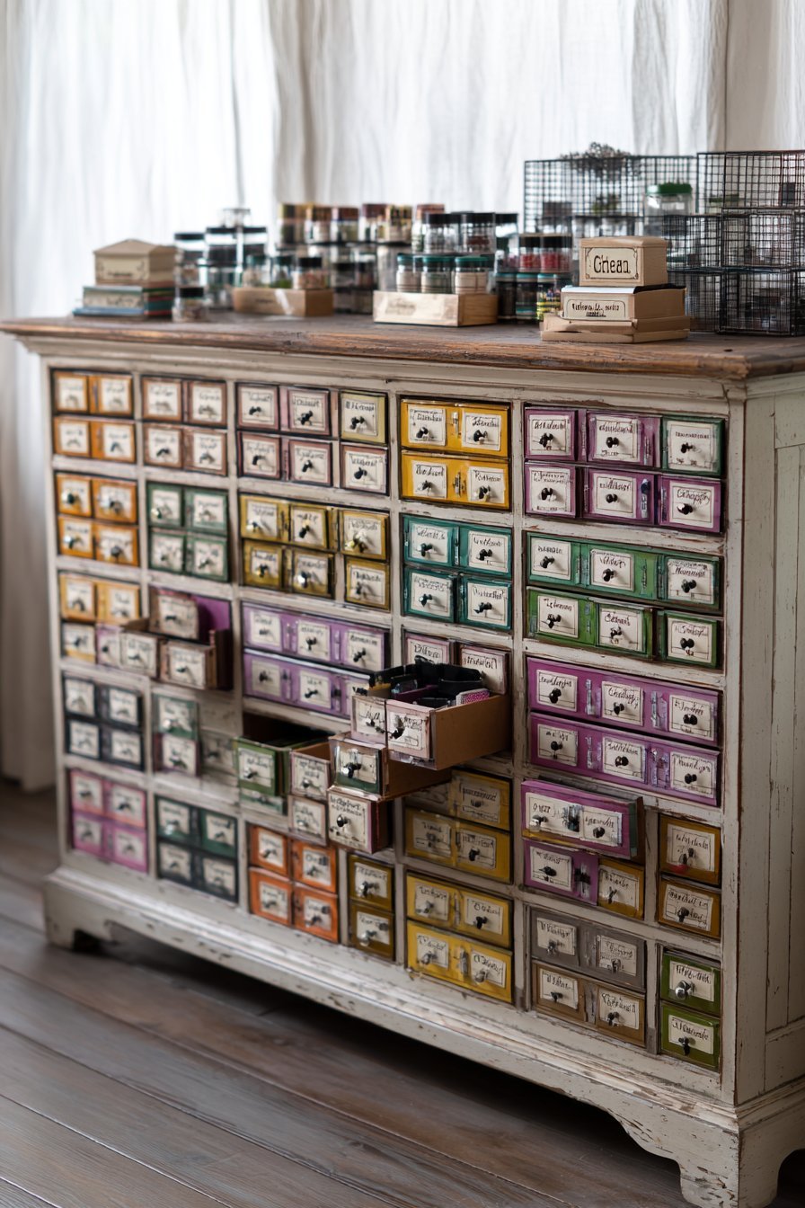 Antique white apothecary cabinet with 24 glass-knob drawers, handwritten Lego labels and builds on top