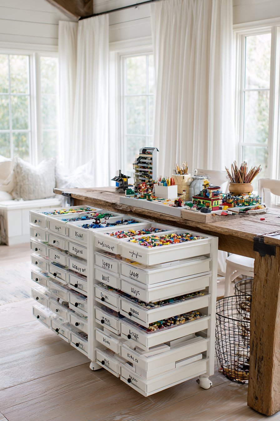 Antique white apothecary cabinet with 24 glass-knob drawers, handwritten Lego labels and builds on top