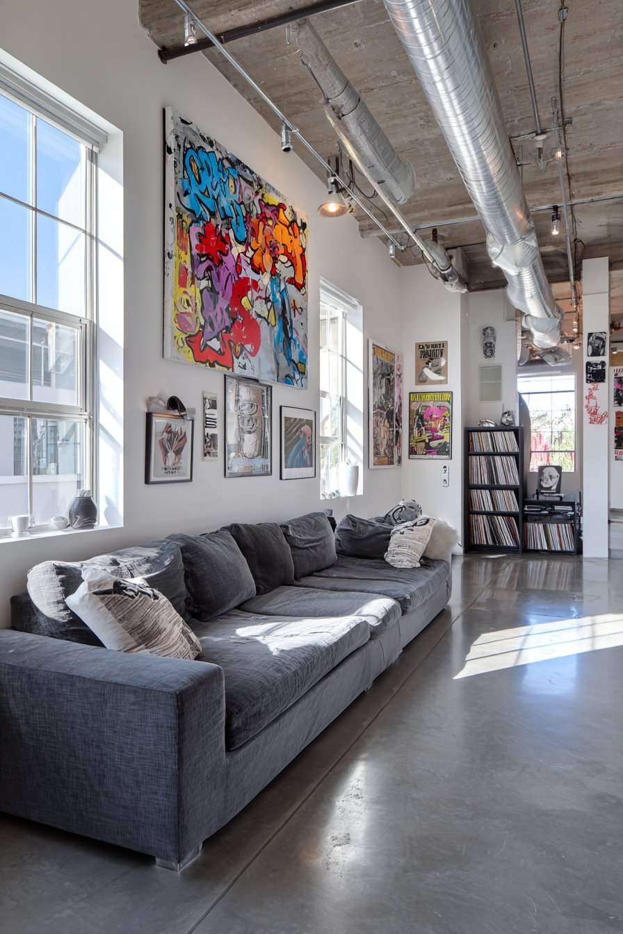 Urban living room with large street art canvas, concert posters and charcoal modular sofa on concrete floors