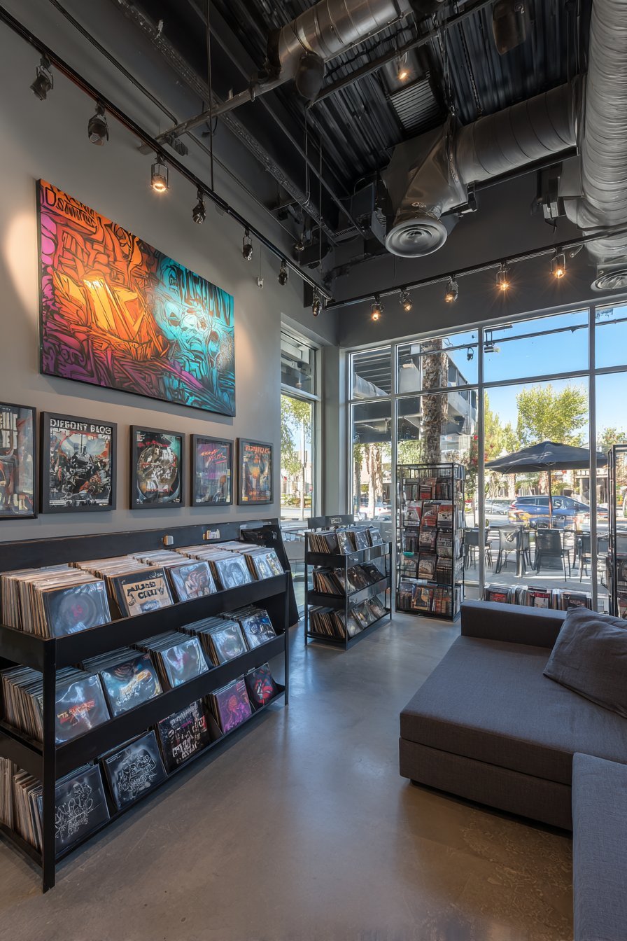 Urban living room with large street art canvas, concert posters and charcoal modular sofa on concrete floors