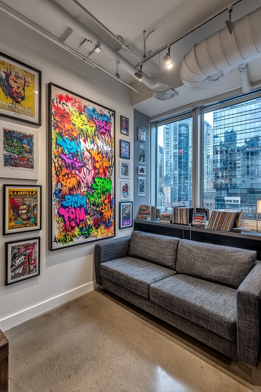 Urban living room with large street art canvas, concert posters and charcoal modular sofa on concrete floors