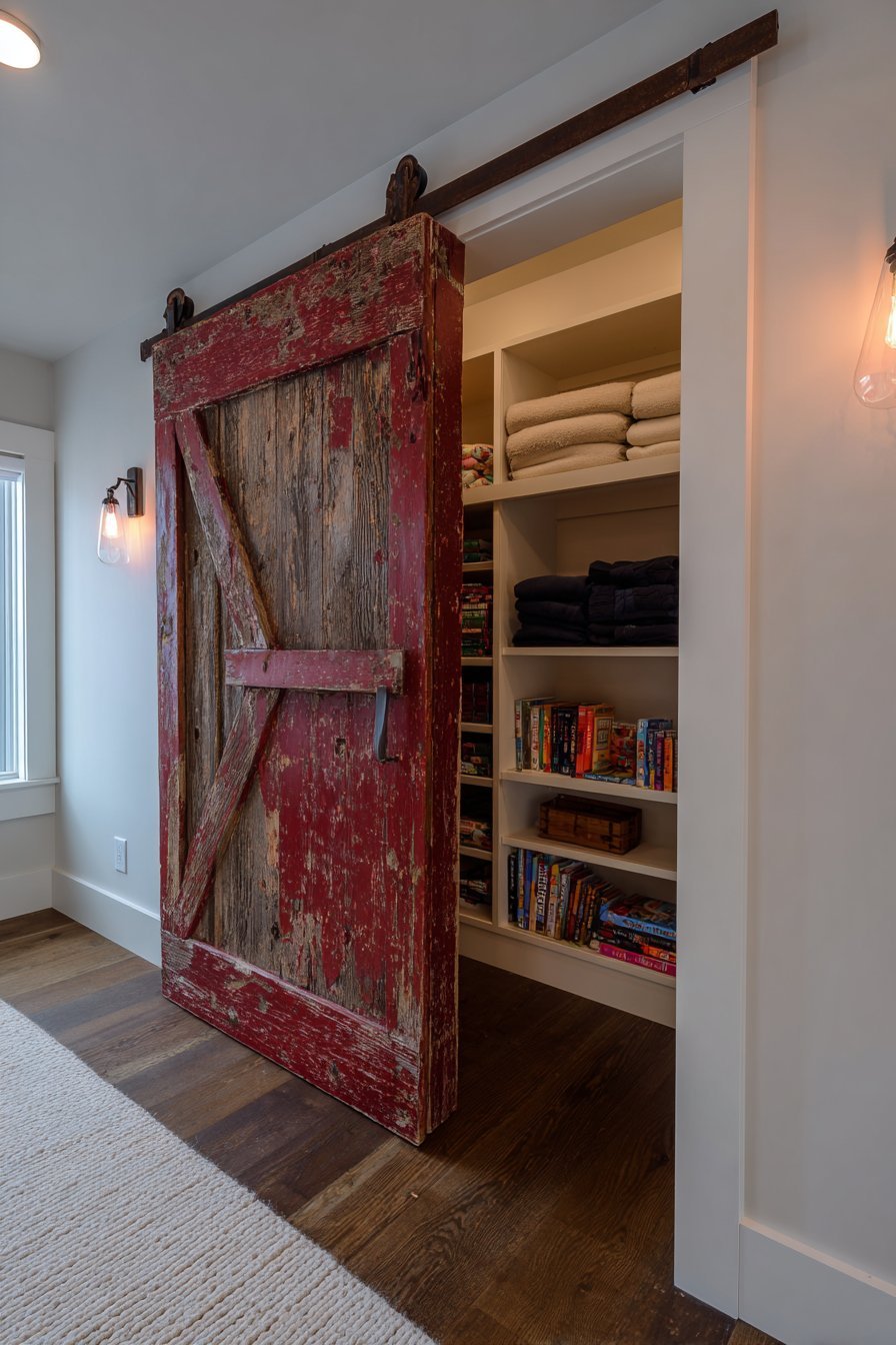 Weathered red reclaimed barn door sliding open to a built-in closet with Edison bulb sconces