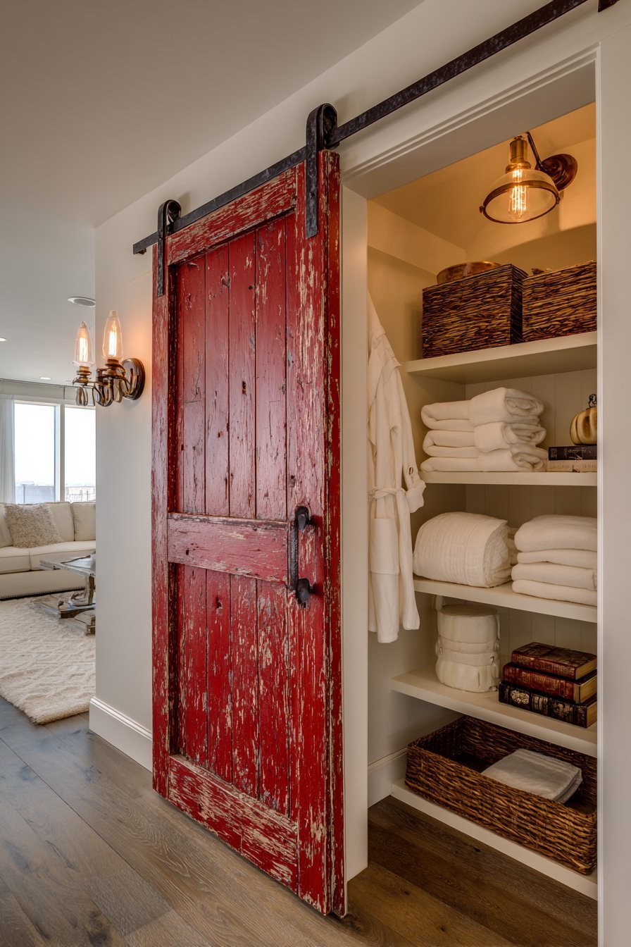 Weathered red reclaimed barn door sliding open to a built-in closet with Edison bulb sconces