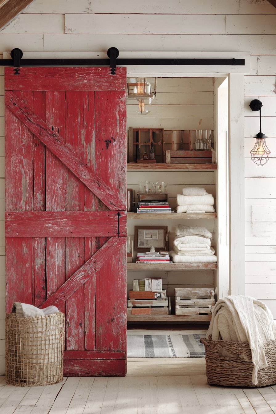 Weathered red reclaimed barn door sliding open to a built-in closet with Edison bulb sconces