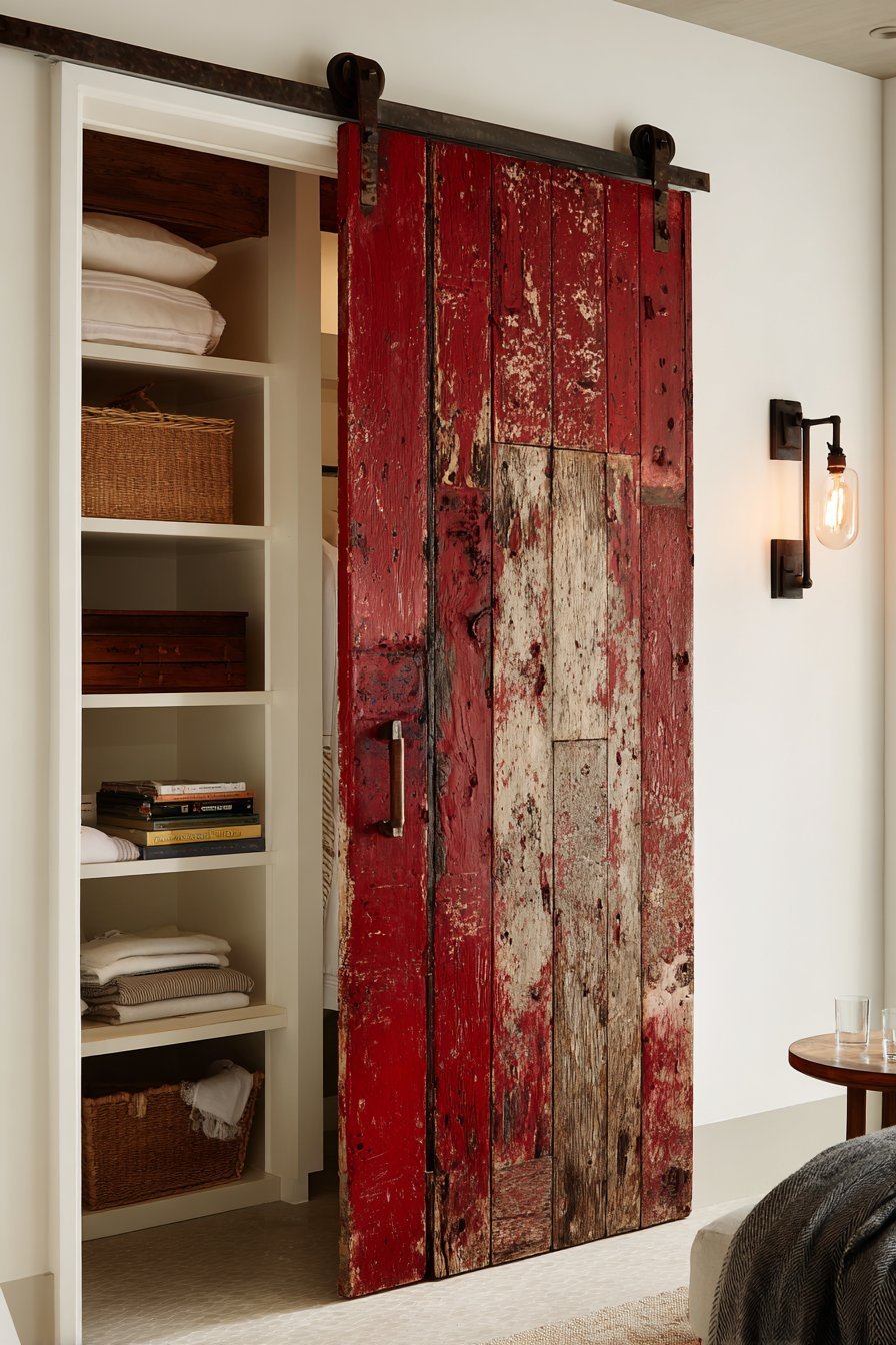 Weathered red reclaimed barn door sliding open to a built-in closet with Edison bulb sconces