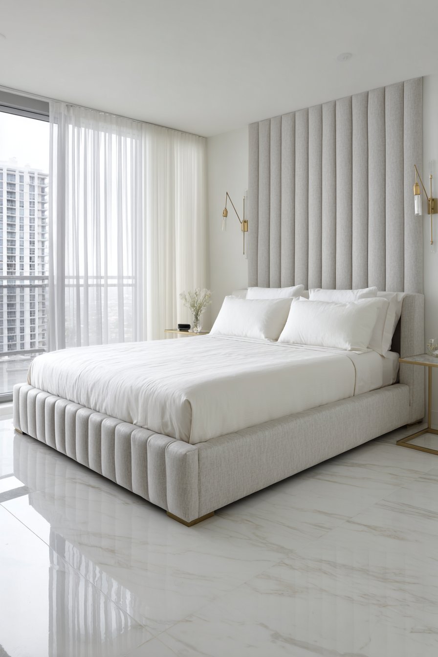 Slim ceiling-height grey velvet channel headboard, white hotel bedding, brass swing-arm lamps and white marble floor