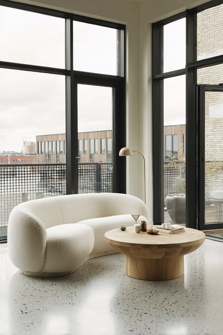 Curved cream bouclé sofa with round white-washed oak coffee table, arched brass lamp and terrazzo floor