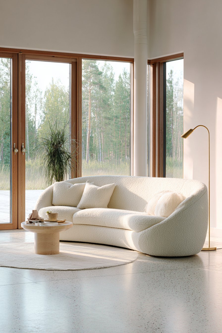 Curved cream bouclé sofa with round white-washed oak coffee table, arched brass lamp and terrazzo floor